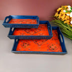 Apkamart The Online Shop Handicraft Serving Tray - Set of 3 - Hand Crafted Decorative Wooden Tray for Table Decor, Home Decor, Dining and Serving and Gifts