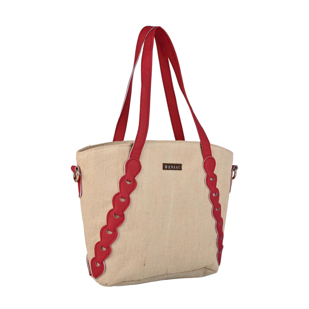 ENSAC Women’s Beige Tote Bag with Red Handles, Stylish Canvas Shoulder Bag for Office, College, Shopping & Travel | Large Capacity Everyday Handbag