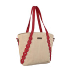 ENSAC Women’s Beige Tote Bag with Red Handles, Stylish Canvas Shoulder Bag for Office, College, Shopping & Travel | Large Capacity Everyday Handbag