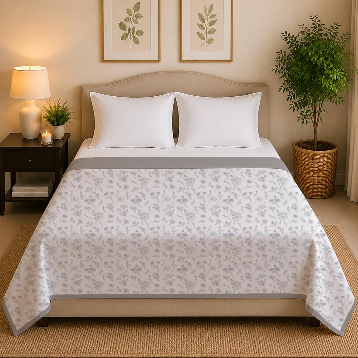 Linen Home Reversible Dohar Double Size Floral Grey Kafalo