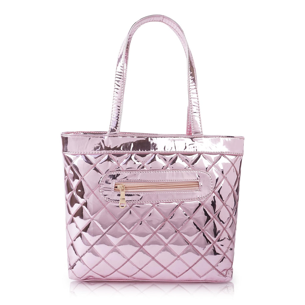 STARWINGS Women’s Glossy Quilted Tote Handbag – Premium PU Leather Shoulder Bag with Zipper Back Pocket | Stylish Office, Casual & Party Carry Bag for Ladies (Pink)