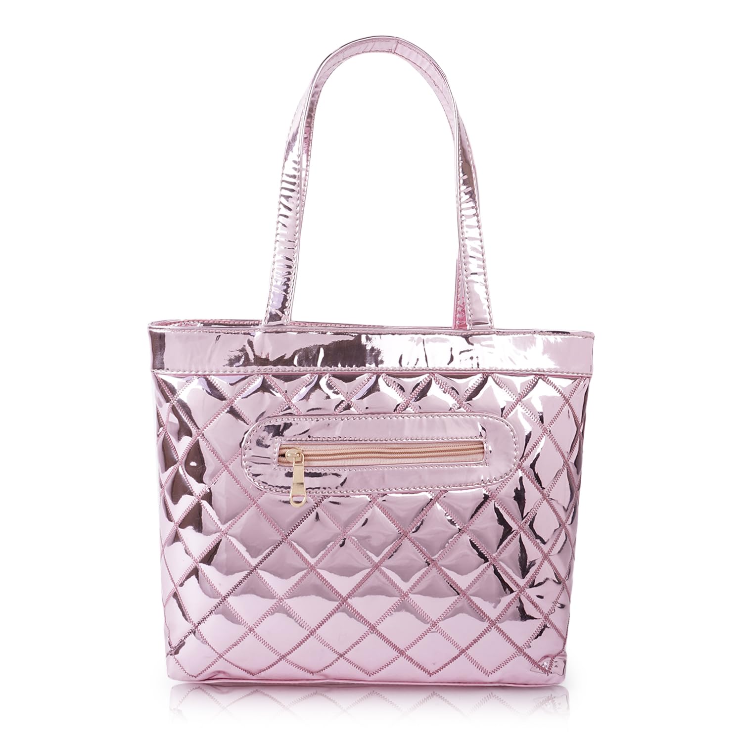 STARWINGS Women’s Glossy Quilted Tote Handbag – Premium PU Leather Shoulder Bag with Zipper Back Pocket | Stylish Office, Casual & Party Carry Bag for Ladies (Pink)