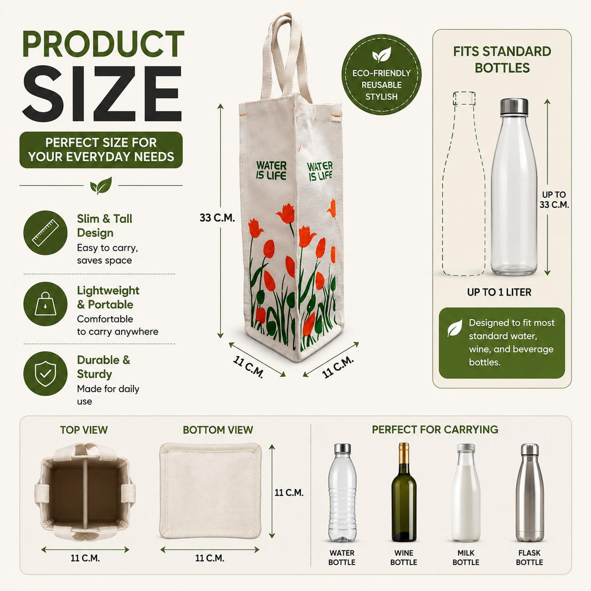 SHIBUI Eco-Friendly Cotton Bottle Carry Bag: Dual Compartment Design, Reusable and Sustainable Combo. (Tulip Print Pack of 2), White