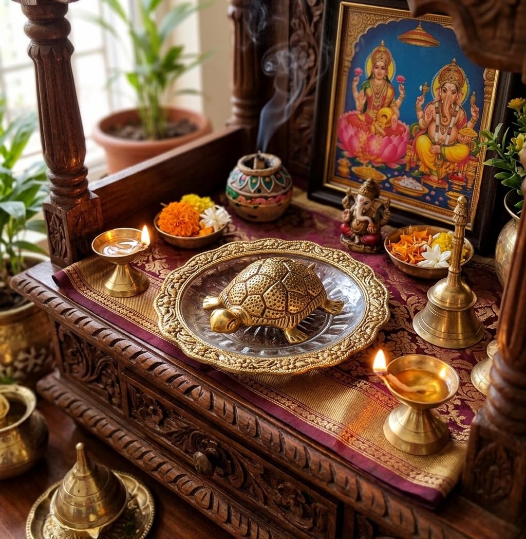 Decor And Art Metal Tortoise with Glass Plate (Gold Plated), for Good Luck & Career & Trutle Plate Yantra, Feng Shui, Vaastu (Aluminium) Decorative Showpiece -5.5 inc.
