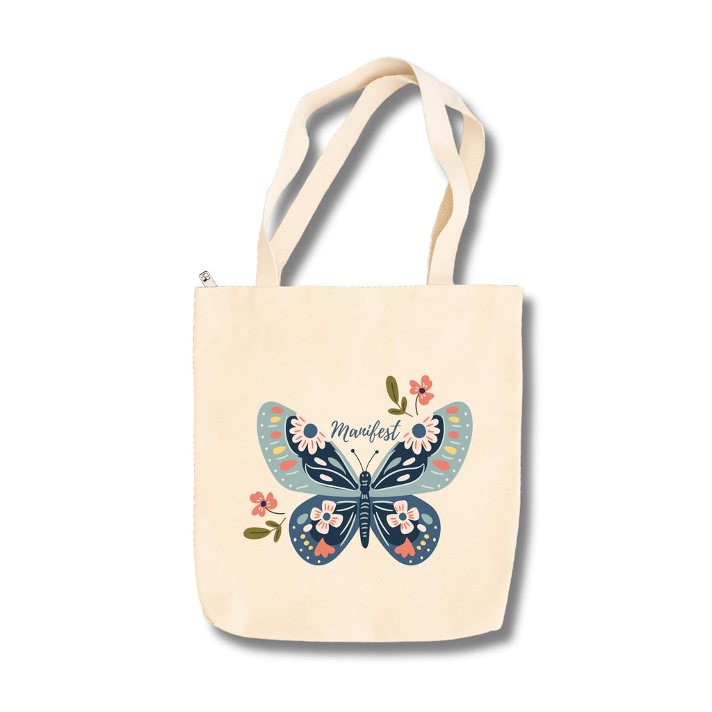 snapiq COTTON 350 GSM Canvas Tote Bag for Women and Girls Thick Fabric with Zipper (Beige, Butterfly1)