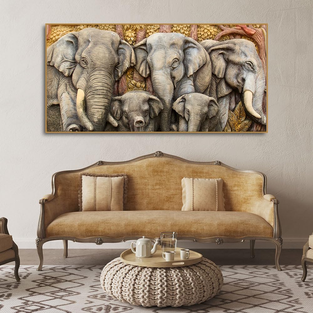 VIBECRAFTS Beautiful Elephant Native Thai style Molding Art Premium Canvas Wall Painting With Frame for Living Room Drawing Room Home|Office|Gift (PTVCH_2208N)