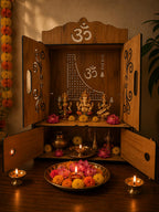 EXPRO Wooden Pooja Mandir with OMWITHPLUS Cut Decorative with Door Engineered Wood Home Temple