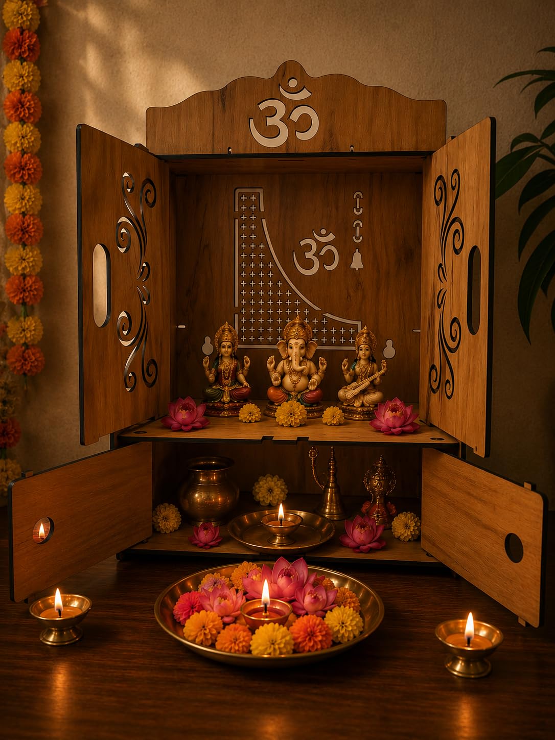 EXPRO Wooden Pooja Mandir with OMWITHPLUS Cut Decorative with Door Engineered Wood Home Temple
