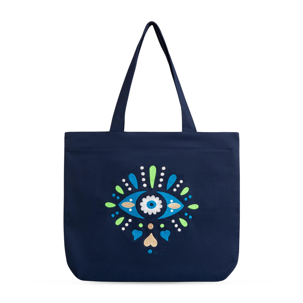 SKAPADORO Canvas Big Zip Handbag Tote,100% Cotton, Inner pocket, Unisex Embroidered Comfortable Bag for Travel Office Beach Shopping, Easy to Wash Trendy Everyday Shoulder Bag (Nazar Battu)