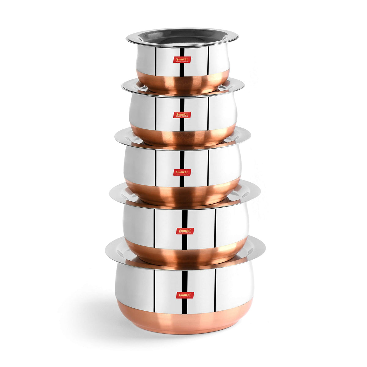 Sumeet Stainless Steel Copper Bottom Belly Shape 5 Pc Tope/Cookware/Pot Set with Lid 1.1Ltr, 1.4Ltr 1.75Ltr, 2.4Ltr, 3Liters (Silver)