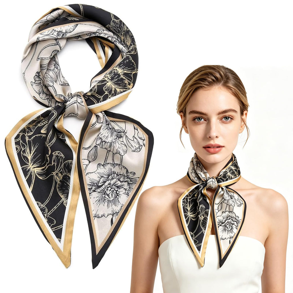 Aeenioy Silk Scarf for Women Stylish, Head Scarf for Women with Black Gold Poppy Print, Satin Scarf for Daily Outfit Enhancement and Formal Events, Versatile Fashion Accessory for All Seasons