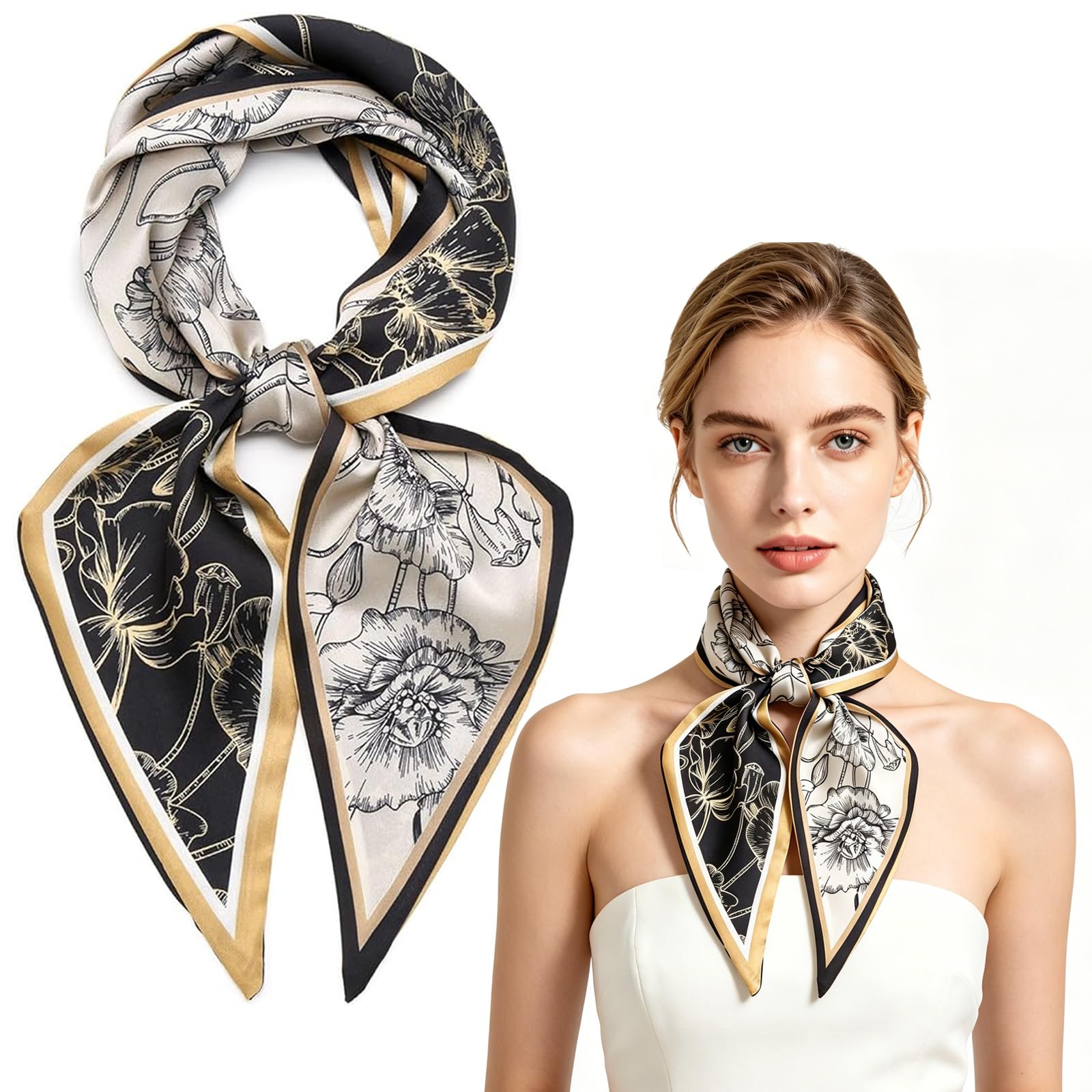 Aeenioy Silk Scarf for Women Stylish, Head Scarf for Women with Black Gold Poppy Print, Satin Scarf for Daily Outfit Enhancement and Formal Events, Versatile Fashion Accessory for All Seasons