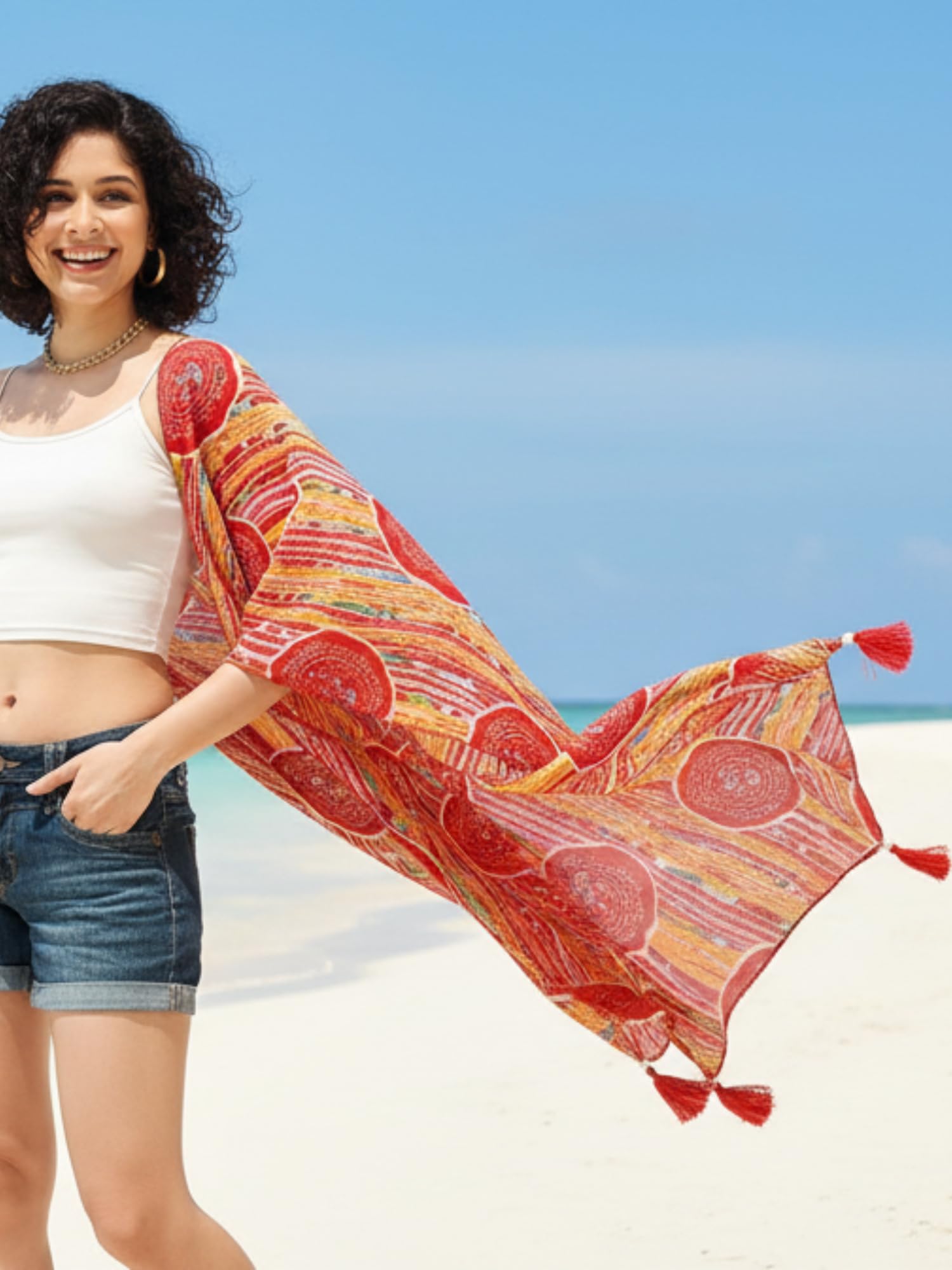 KE KANHA EXPORTS Cotton Scarf with Tassels|Bandhani Print Scarf for Women Stylish|Stole for Women|Breathable Boho Beach Summer Wrap|Multicolor Scarf|Easily Fits 180 * 50 CM