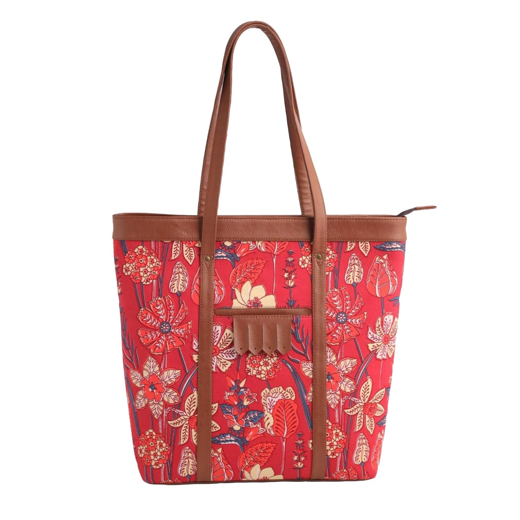 KALOOM Women’s Tote Bag with Zip Closure | Cotton Canvas & Vegan Leather Shoulder Bag | Spacious Printed Handbag with Outer Pocket for Office, Travel & Daily Use (Red)