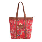KALOOM Women’s Tote Bag with Zip Closure | Cotton Canvas & Vegan Leather Shoulder Bag | Spacious Printed Handbag with Outer Pocket for Office, Travel & Daily Use (Red)