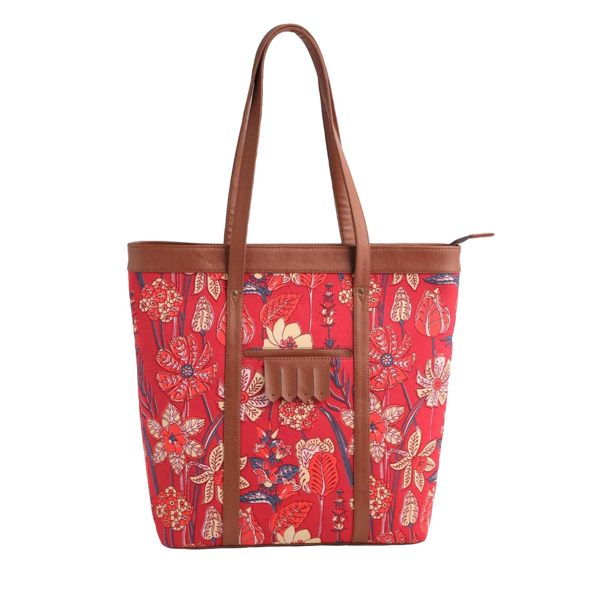 KALOOM Women’s Tote Bag with Zip Closure | Cotton Canvas & Vegan Leather Shoulder Bag | Spacious Printed Handbag with Outer Pocket for Office, Travel & Daily Use (Red)