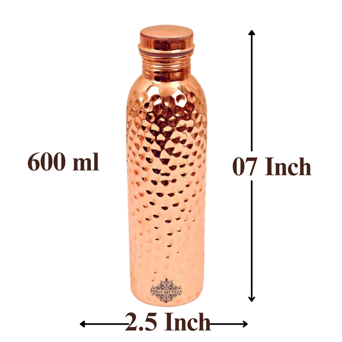 INDIAN ART VILLA Copper Hammered Design Water Bottle - 600 ML, Ayurvedic Health Benefits, Ideal for Home, Office, Gym, Travel, and Gifting, Pack of 1