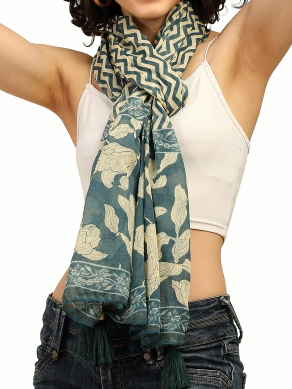 KE KANHA EXPORTS Scarf for Women Premium Cotton Boho | Dual Tone Border Print Stole with Tassels | Lightweight Summer Beach Wrap 180 x 50 cm (Teal Zigzag Wave)
