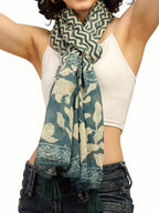 KE KANHA EXPORTS Scarf for Women Premium Cotton Boho | Dual Tone Border Print Stole with Tassels | Lightweight Summer Beach Wrap 180 x 50 cm (Teal Zigzag Wave)