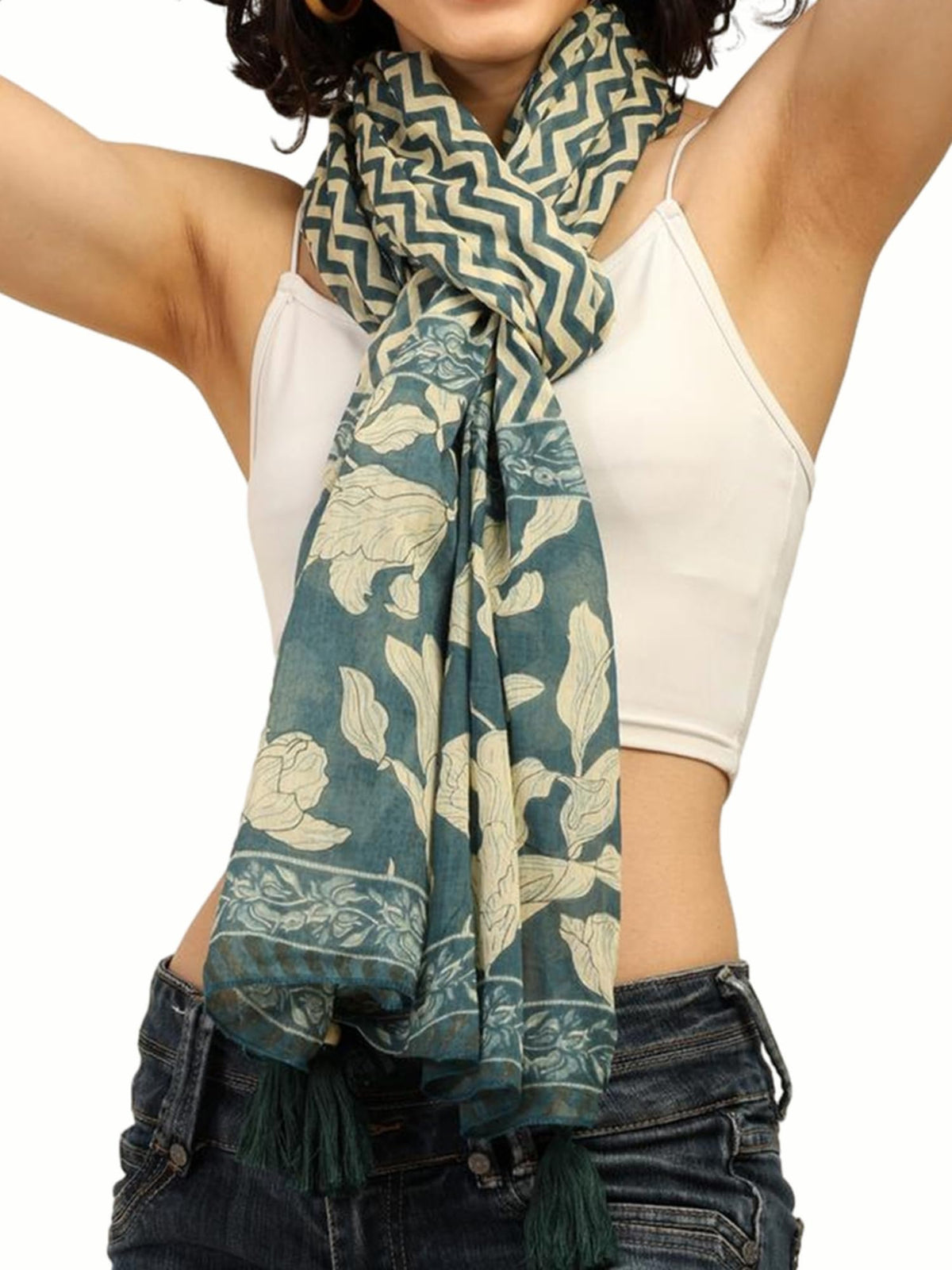 KE KANHA EXPORTS Scarf for Women Premium Cotton Boho | Dual Tone Border Print Stole with Tassels | Lightweight Summer Beach Wrap 180 x 50 cm (Teal Zigzag Wave)