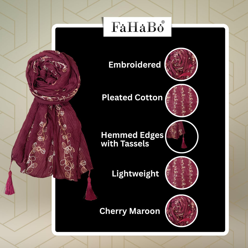 FAHABO Scarf for Women Stylish Pleated Viscose Cotton with Embroidery and Tassels | Hijab Scarf | Stole | Soft, Lightweight, and Latest Scarves | 72 x 33 Inches (Cherry Maroon)