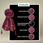 FAHABO Scarf for Women Stylish Pleated Viscose Cotton with Embroidery and Tassels | Hijab Scarf | Stole | Soft, Lightweight, and Latest Scarves | 72 x 33 Inches (Cherry Maroon)