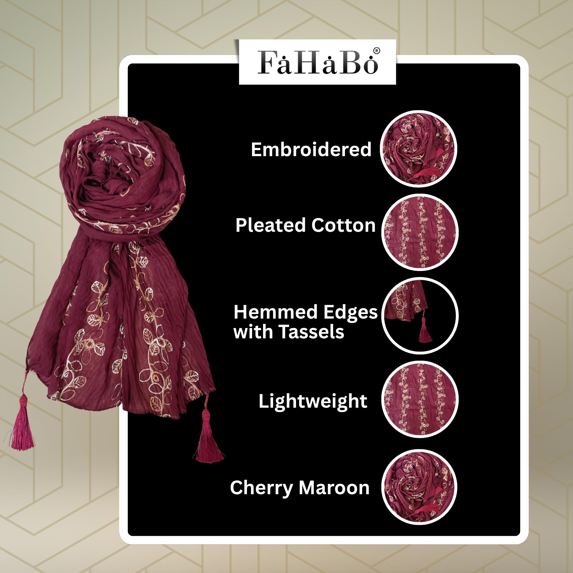 FAHABO Scarf for Women Stylish Pleated Viscose Cotton with Embroidery and Tassels | Hijab Scarf | Stole | Soft, Lightweight, and Latest Scarves | 72 x 33 Inches (Cherry Maroon)