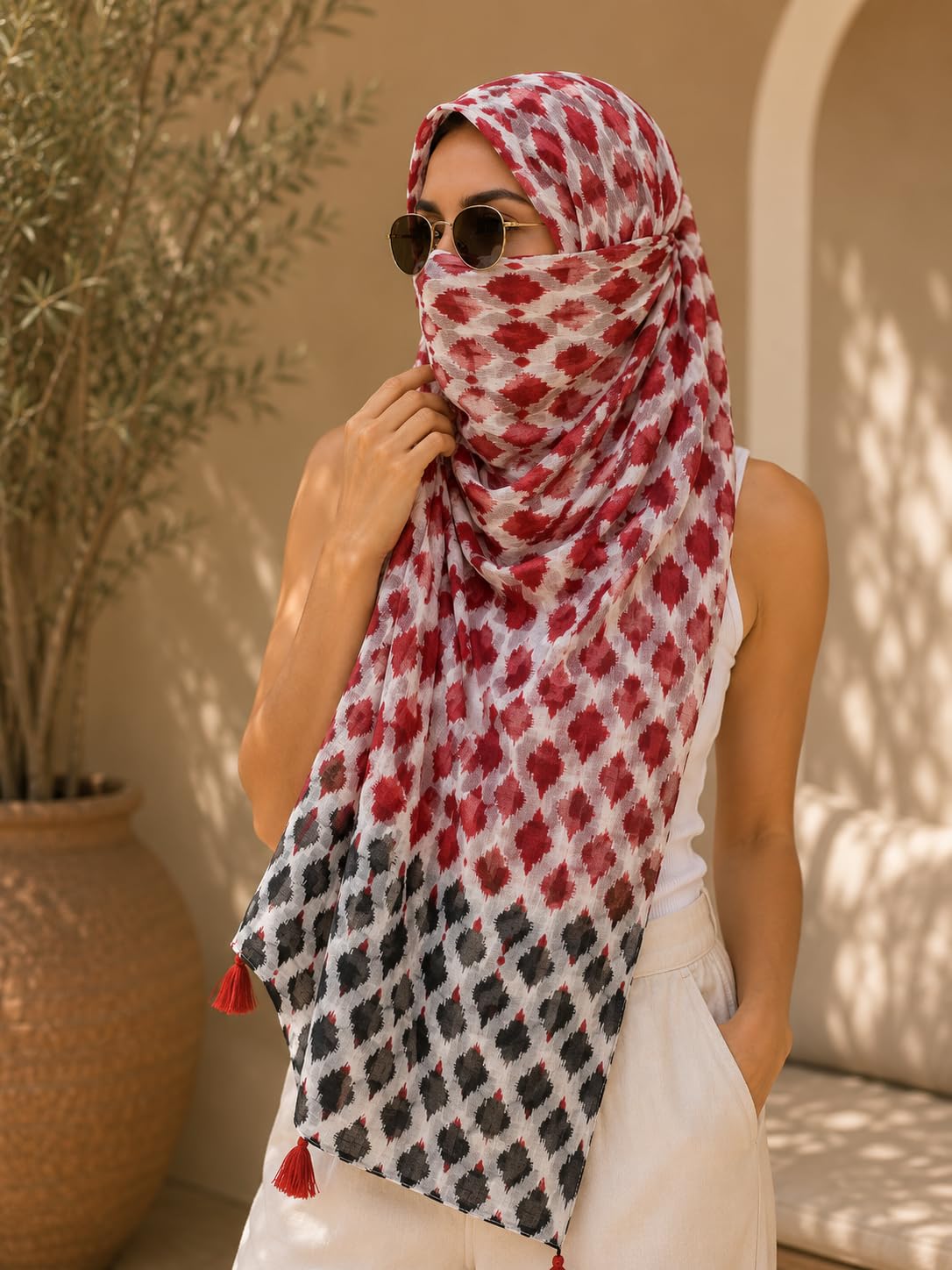 ESTA Women Scarf|Stole For Women|Scarf For Women Stylish|Stall For Women|Modern chic Face Cover Head Wrap |Ikat Inspired Printed Tassel Stole red .black color|180x50cm
