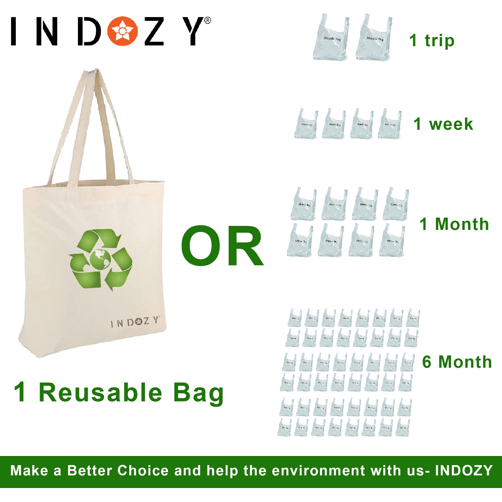 INDOZY Cotton Tote Bags Bulk Shopping Bag for Crafts, DIY Reusable Grocery Bag, 15 X 17 Inch Set of 5 Bags