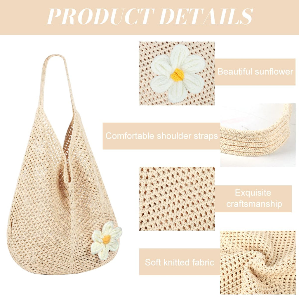 PALAY Tote Bag for Woman Beige Crochet Mesh Shoulder Bag with Flower Brooch