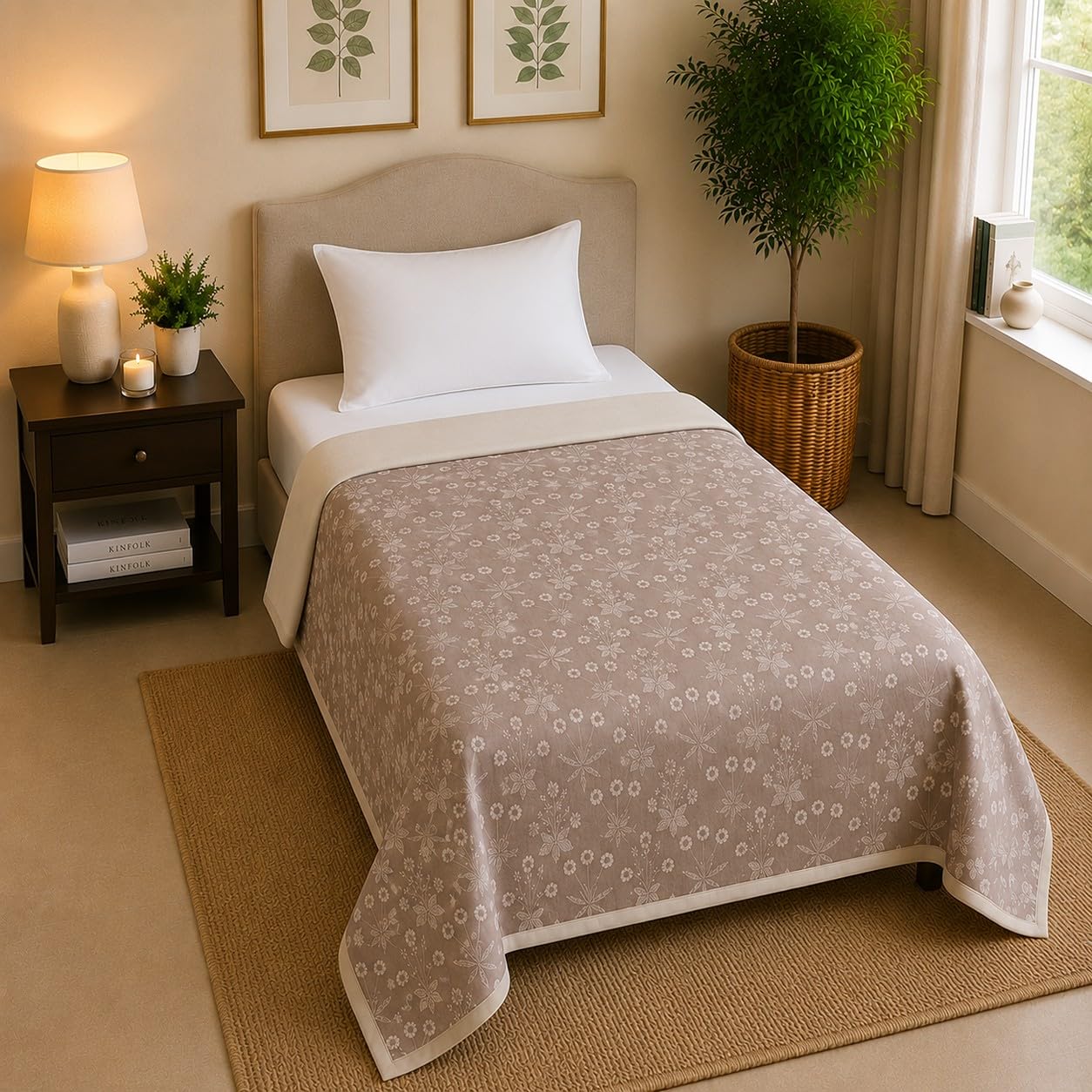 Linen Home Reversible Cotton Dohar Single Bed Floral Brown & Light Taupe Kafalo