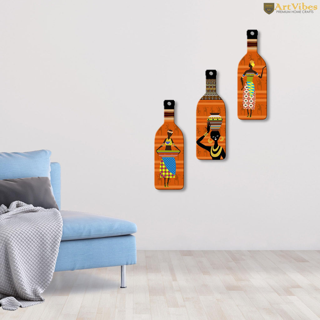 Artvibes African Women Warli Art Decor Bottle shaped Wooden Wall Hanging | Living Room | Handcrafted Art | Wall Poster | Aesthetic Wooden Decor | Art Print | Unique Gift Items (WH_9510N), Set of 3