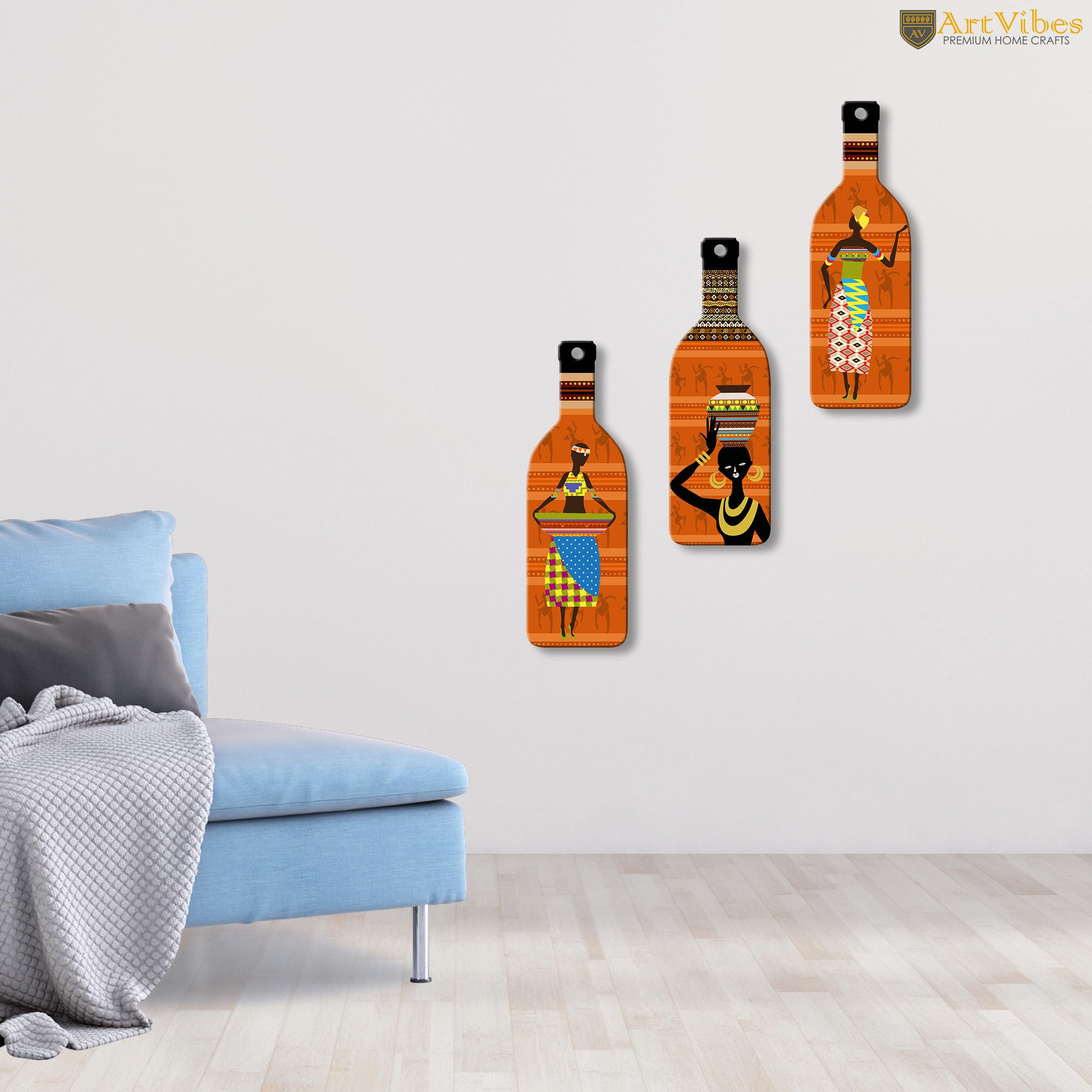 Artvibes African Women Warli Art Decor Bottle shaped Wooden Wall Hanging | Living Room | Handcrafted Art | Wall Poster | Aesthetic Wooden Decor | Art Print | Unique Gift Items (WH_9510N), Set of 3