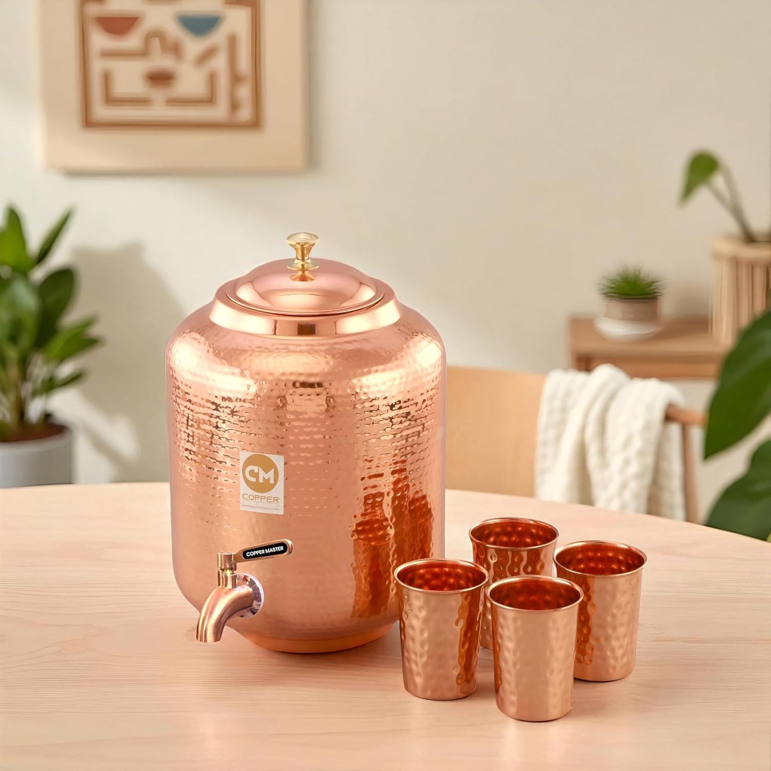 Copper-Master 18 Litre Hammered Copper Water Dispenser (Matka) Container Pot with 4 Copper Glasses Pure Copper and Ayurvedic Health Benefits (18000 ml + 1200 ml)