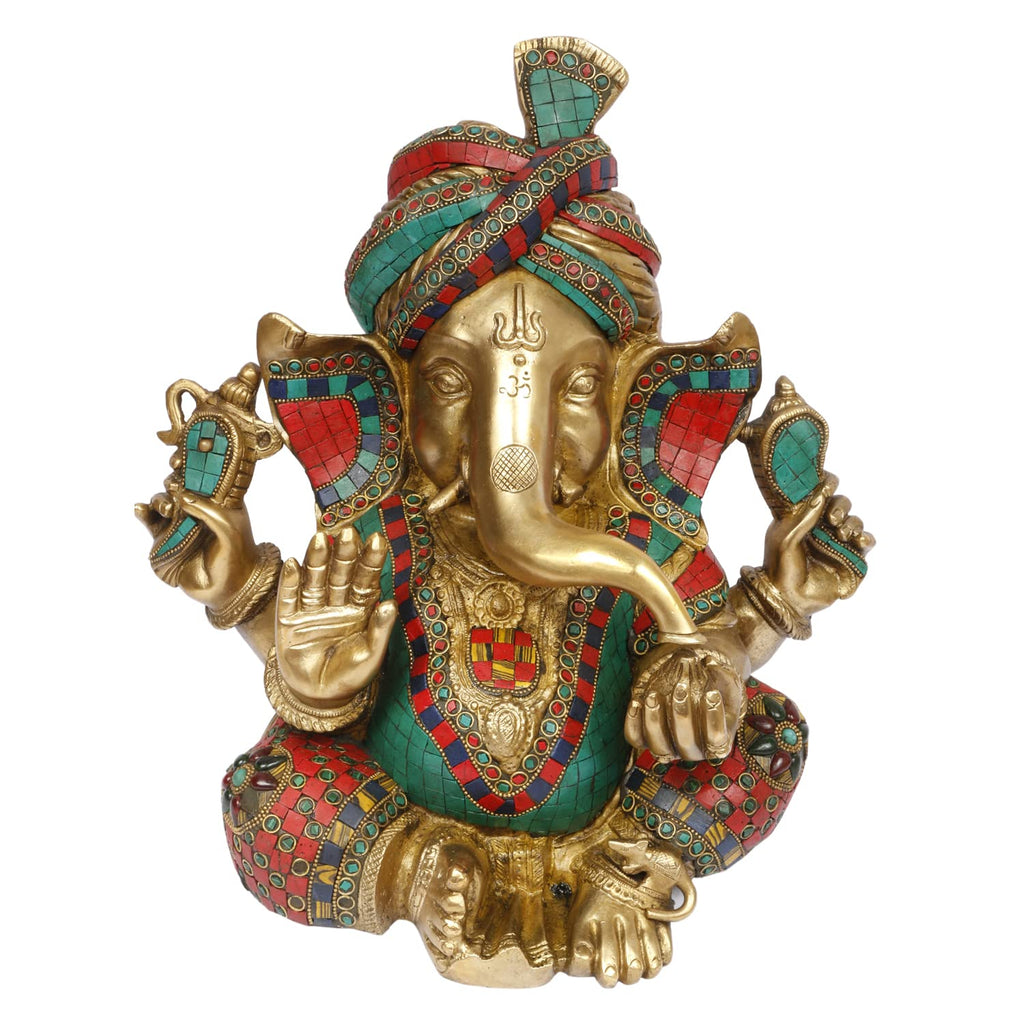 ARTVARKO™ Big Brass Turban Ganesha with Color Gemstone Handwork | Safa Pagdi Ganesh Statue Ganapathi Vigneshwara Ganpati Idol Height 14 Weight 14.5 Kg
