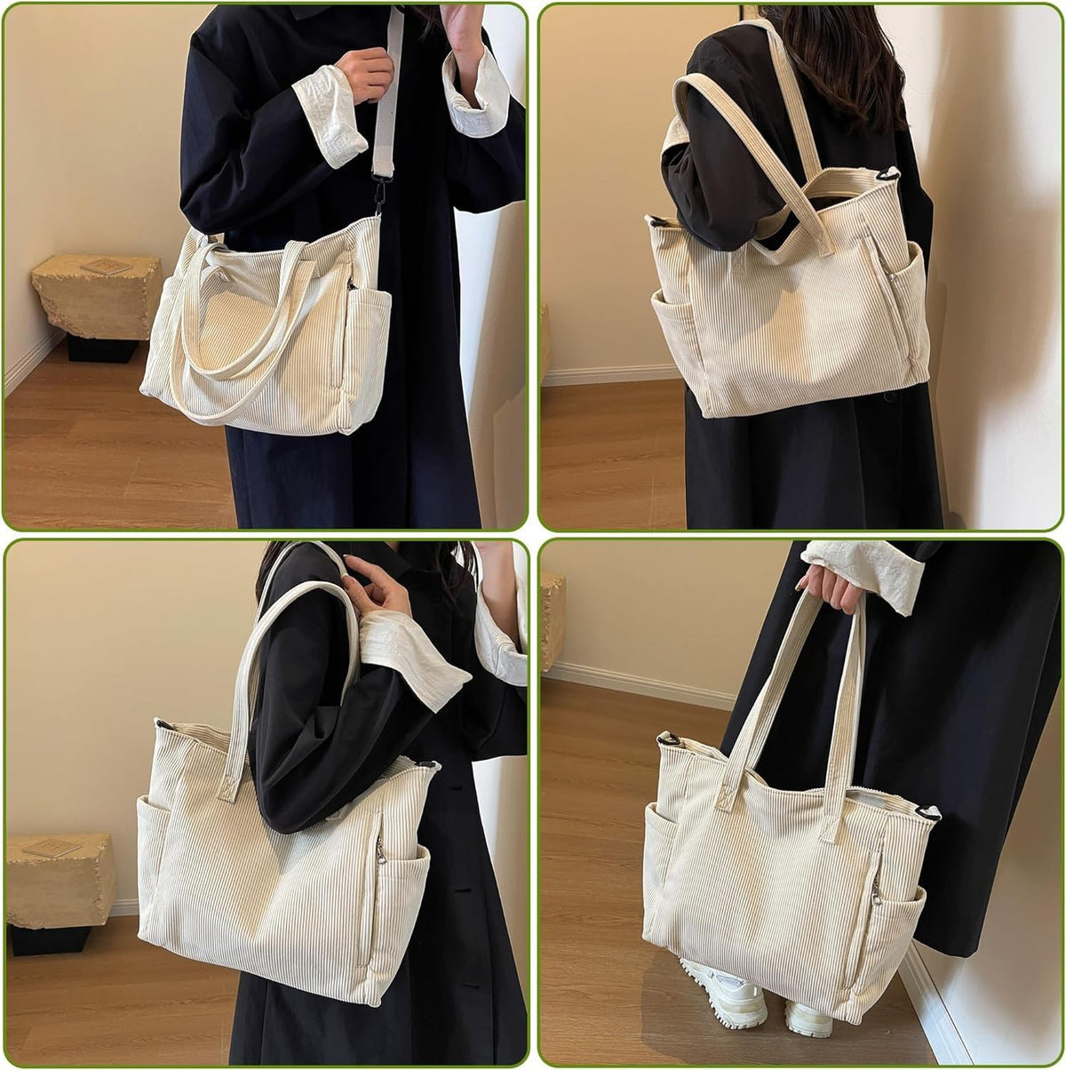 Kawn Corduroy Tote Bag for Women and Girls, Crossbody Big-Capacity Purse with Adjustable Strap, Shoulder Hobo Handbag for Travel and Everyday Use with Inner Pocket (Beige)