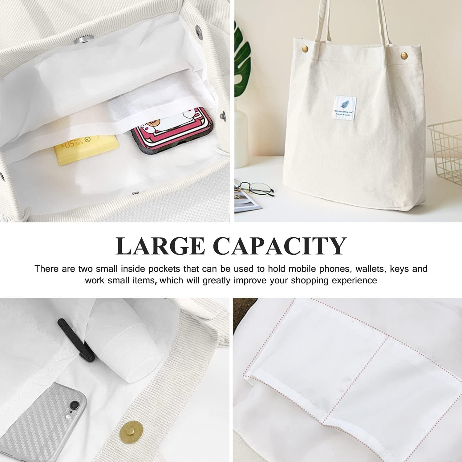 Street27 Womens Korean Canvas Corduroy Tote Bag Casual Work Shoulder Handbags|Multi-Purpose Bag |Sturdy Canvas Bag With Large Capacity|Shopping Bag For Office, College & Daily Use (Beige)