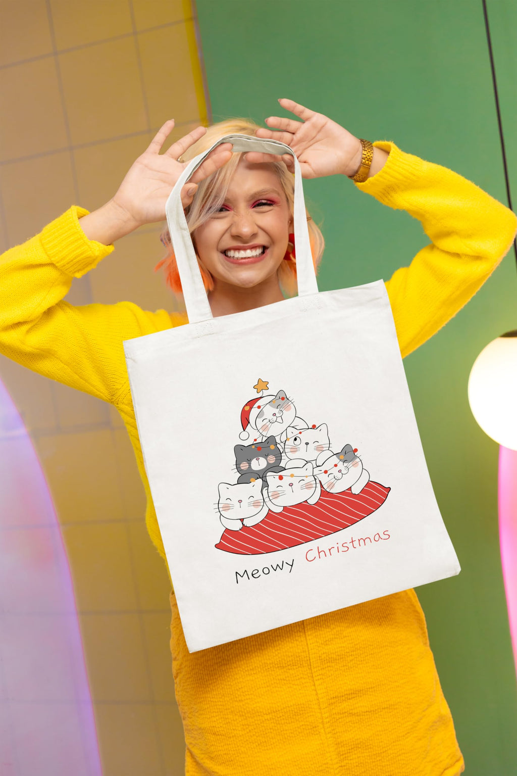 Happu-White Cotton Canvas Tote Bag with Zip | Happy Christmas Festive Print | Reusable, Washable & Eco-Friendly Multi-Purpose Tote for Women & Girls HPK-3438
