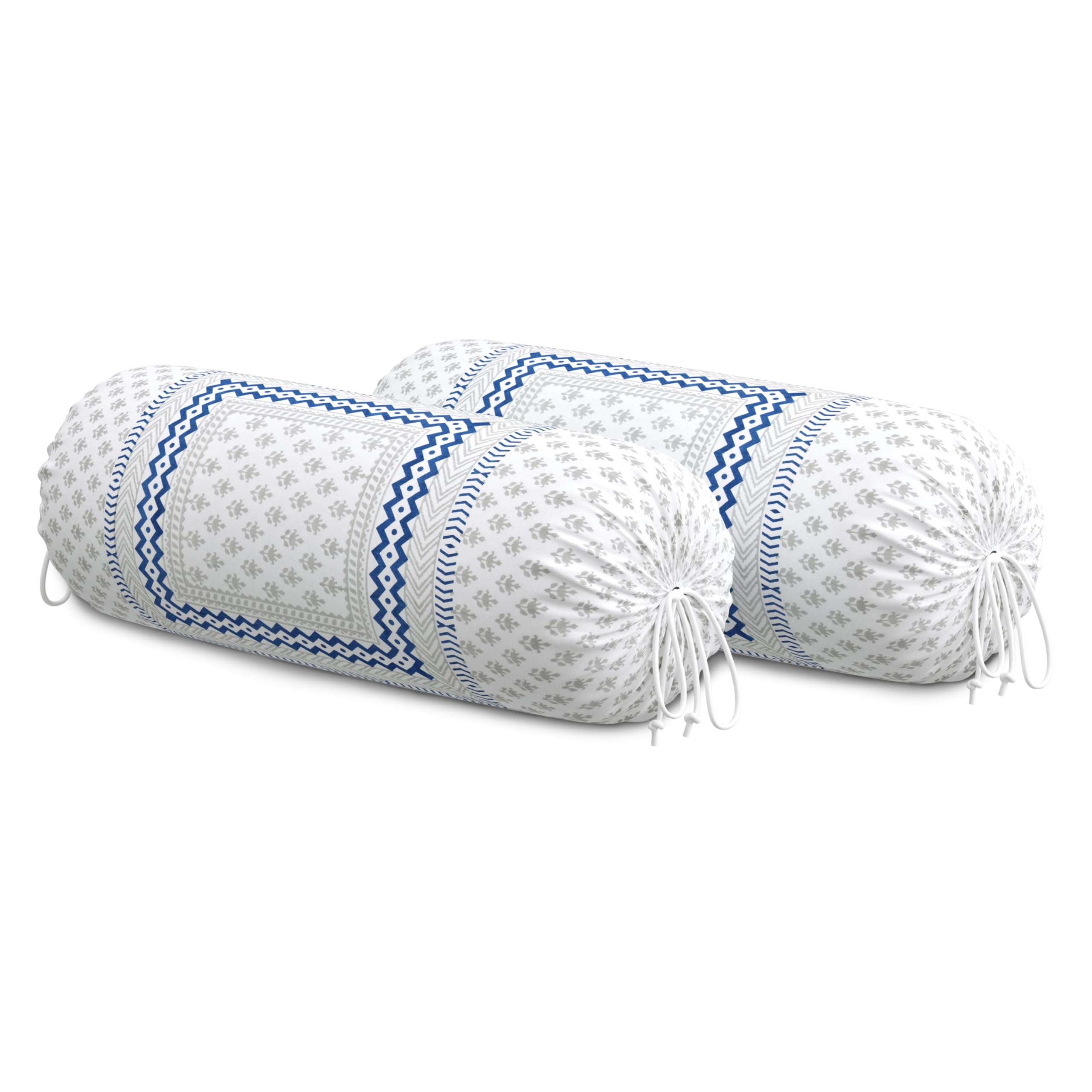 BLOCKS OF INDIA Cotton Hand Block Printed Bolster Cover | Booster Cover with Drawstring | Round Long Pillow Cover for Bed | Dewan Pillow Cover Set 16 X 32 | Set of 2 (Blue BUTI)