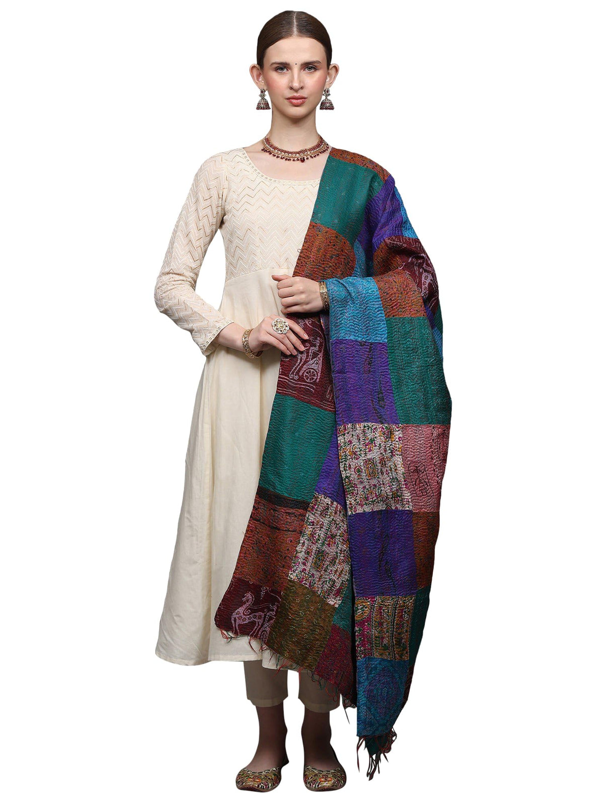 Exotic India Women's Multi-Color Patchwork Reversible from Kolkata with Kantha Stitch Embroidery All-Over Pure Silk Shawl