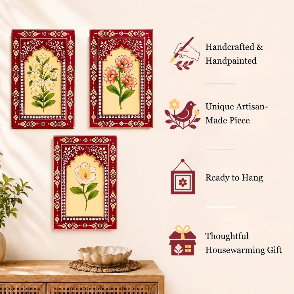 ATRANGI STUDIO Ruby Bloom Wooden Wall Frame (Pack of 3) | Handpainted Jharokha Style Floral Wall Hanging | Rajasthani Traditional Art | Framed Wall Painting for Living room, Bedroom, Office | 12×8 Inch