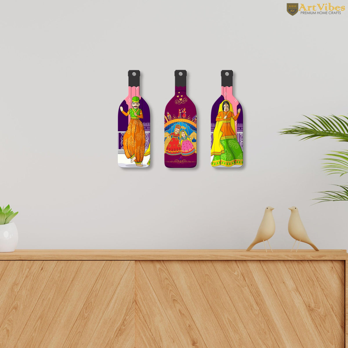 Artvibes Rajasthani Puppet Dance Decor Bottle shaped Wooden Wall Hanging | Living Room | Office | Wall Art Painting For Hall | Graphic Artwork | Wall Art Print | Ideal Gifts (WH_9529N), Set of 3