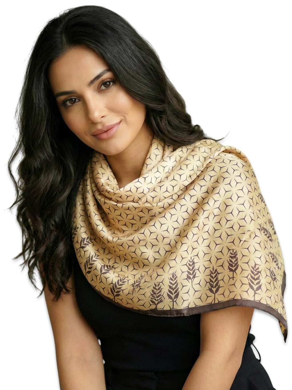 leeza store Women's Beige Wheat Silk Scarf For Women – Digital Printed Seamless Square Stole 40 X 40 – Elegant Lightweight Neck Wrap & Head Scarf