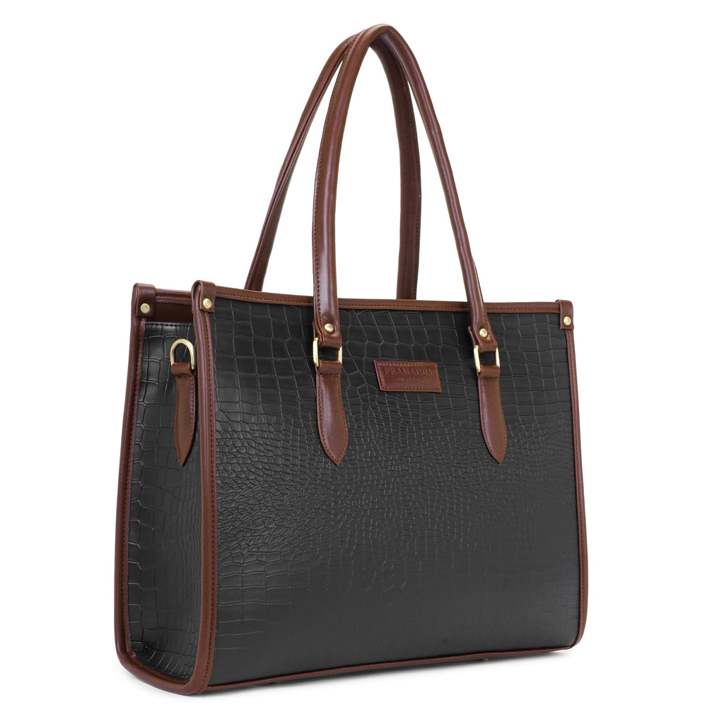 Pramadda Pure Luxury Bianca Laptop Tote bag for women office use | Large Handbags for woman | Stylish Tote bags for college | Bags for women latest. (Bold Black)