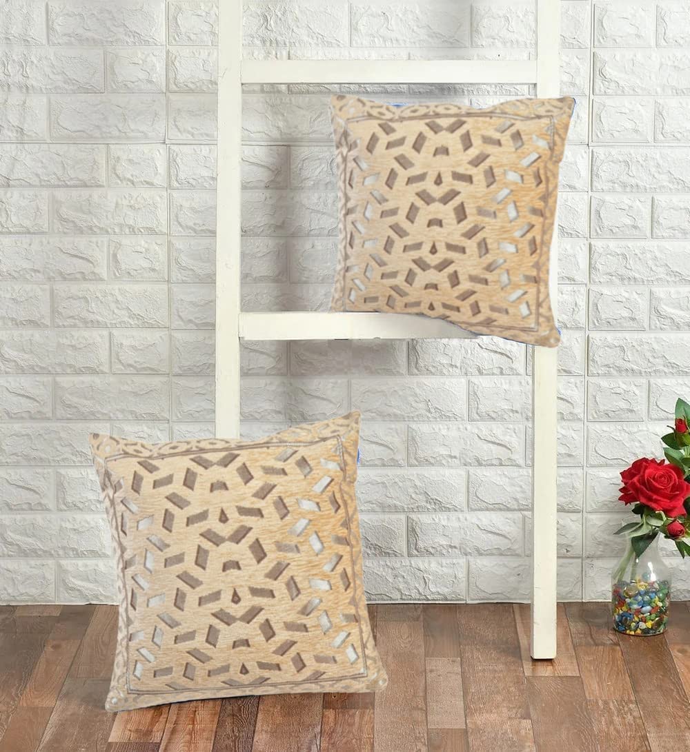 DECOMIZER Jacquard Geomteric Cushion Covers 16 Inch X 16 Inch Set Of 2 Ethnic Motifs 240 TC Cushion Covers,Design- Bricks,Color- Beige