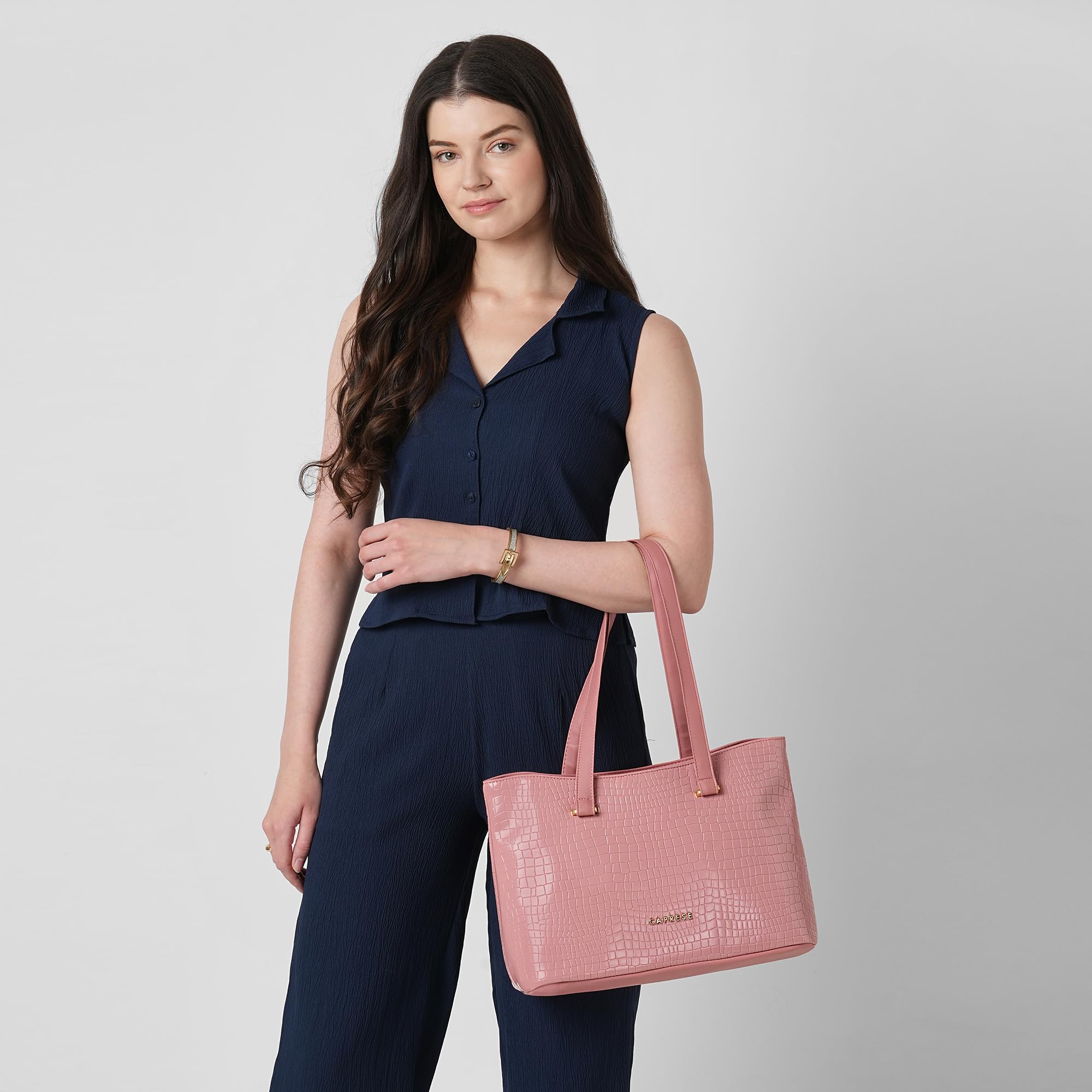 Caprese Suzie Tote Medium Bag for Women with Multi-Compartment, Comfortable Straps & Zip Closure | Ideal for 16 inch Laptop Bag | Stylish, Durable Design for Work, Travel, Shopping & Daily Use (Pink)