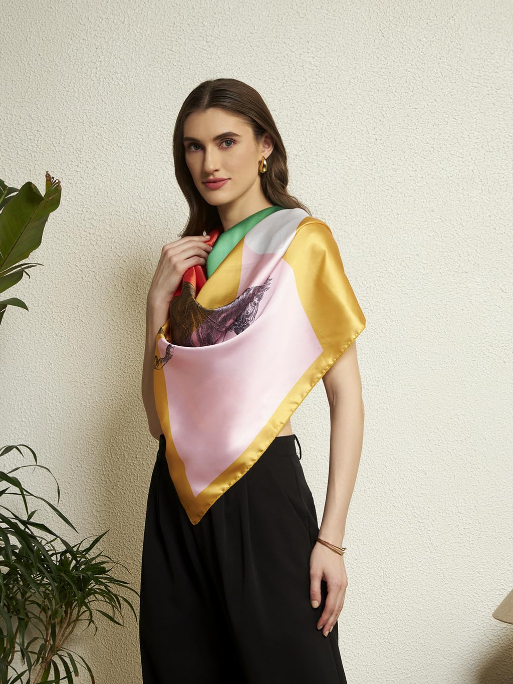 Ravaiyaa - Attitude is everything Women Silk Digital Print Large Square Scarf Breathable Lightweight Neckerchief Printed Headscarf 40 x 40 Inch (Yellow Multicolor Horse Sketch)
