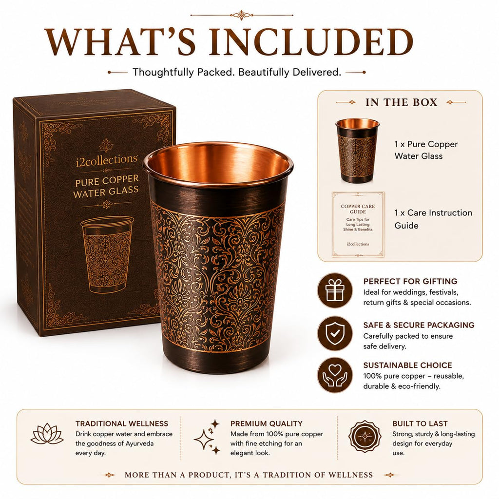i2collections Pure Copper Water Glass Set of 1, 300ml Handmade Etching Design Drinking Tumblers for Ayurveda Wellness, Kitchen Dining, Wedding, Festive & Housewarming Gifts