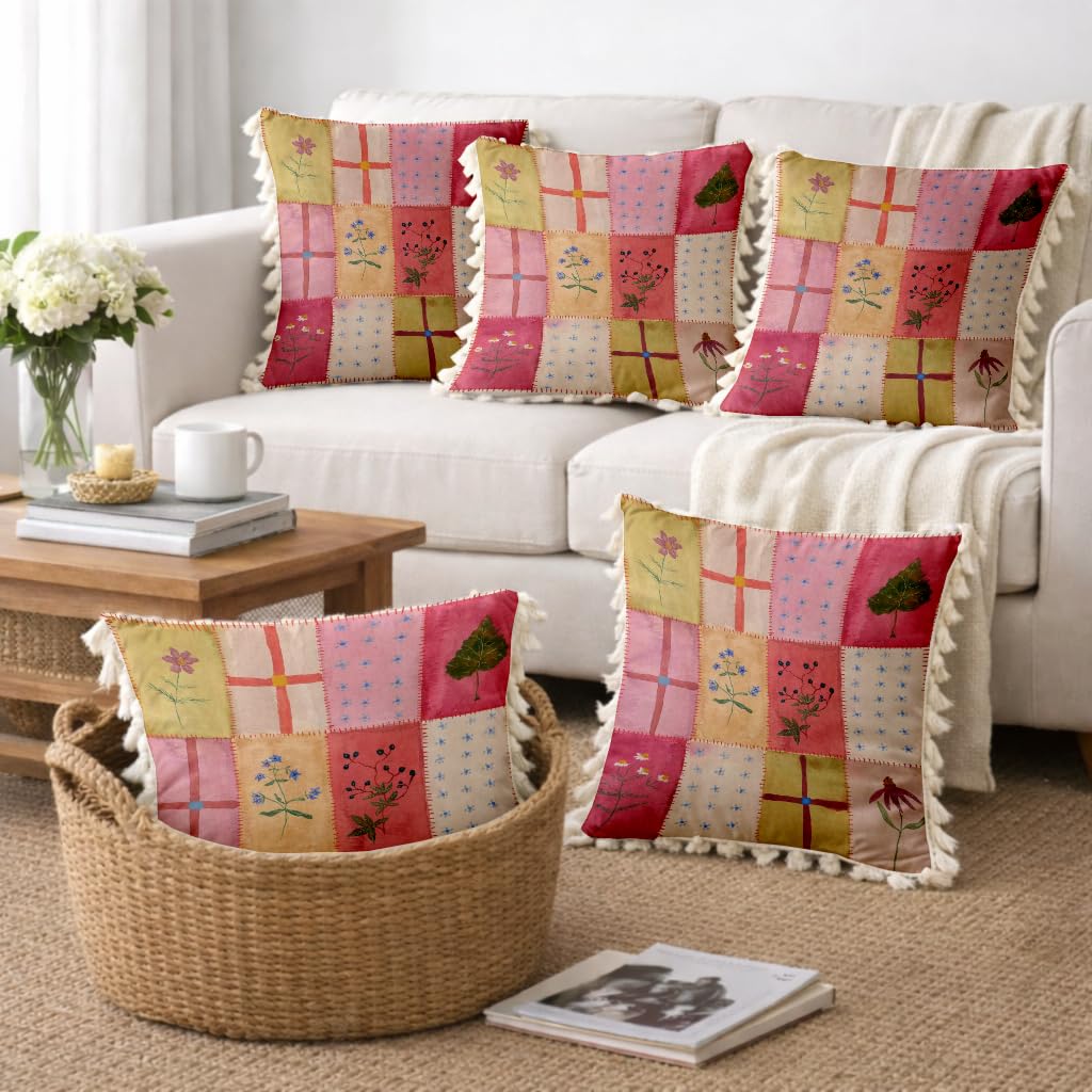 STITCHNEST 'Little Meadow Series' Tassled Cushion Cover | Set of 5 | Floral Cushion Cover 16 inch x 16 inch