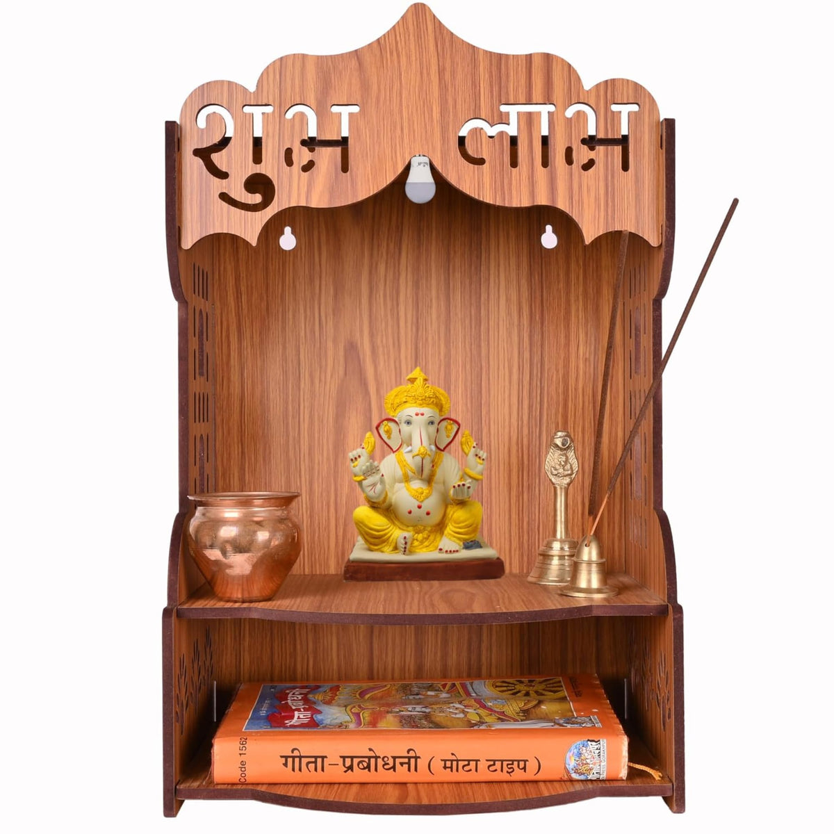 AR ART Beautiful Wooden Pooja Stand for Pooja Mandir and Temple, Wall Mounted for Office and Living Spaces, Size (L-10.5, W-8.25, H-14 Inch) (Light)